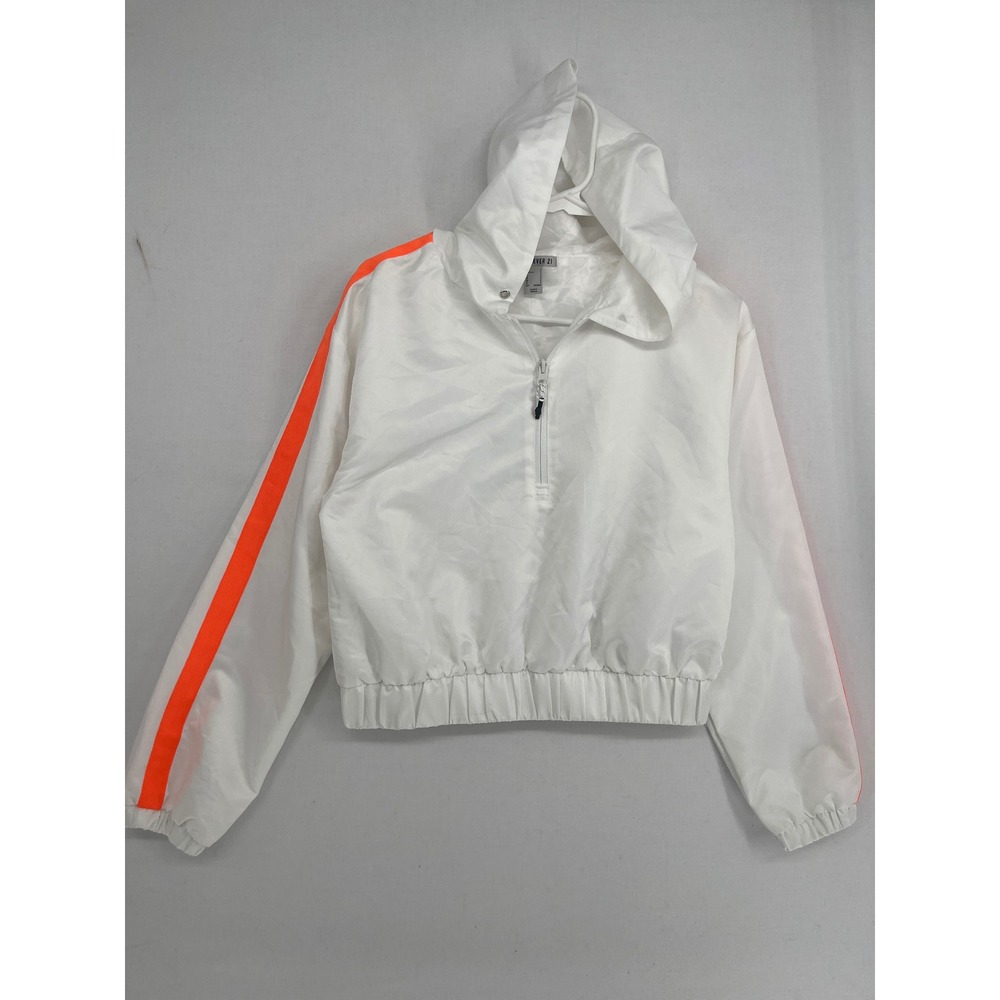Forever 21 Cropped Windbreaker Jacket White Neon Orange Stripe Half Zip Small